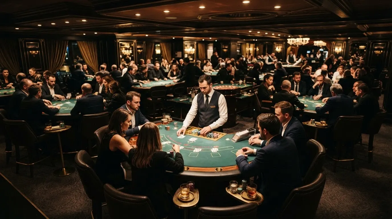 Salle de jeux d'un club parisien avec tables de blackjack et de poker sous éclairage tamisé, croupiers en tenue professionnelle