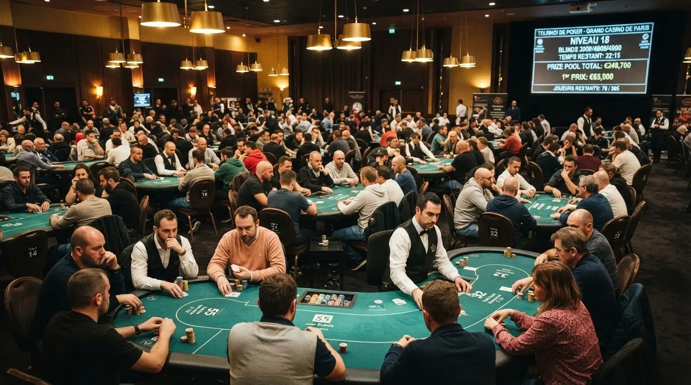 Une salle de poker de casino terrestre en France, tables de tournoi occupées, écran affichant le temps restant et le prize pool, joueurs concentrés