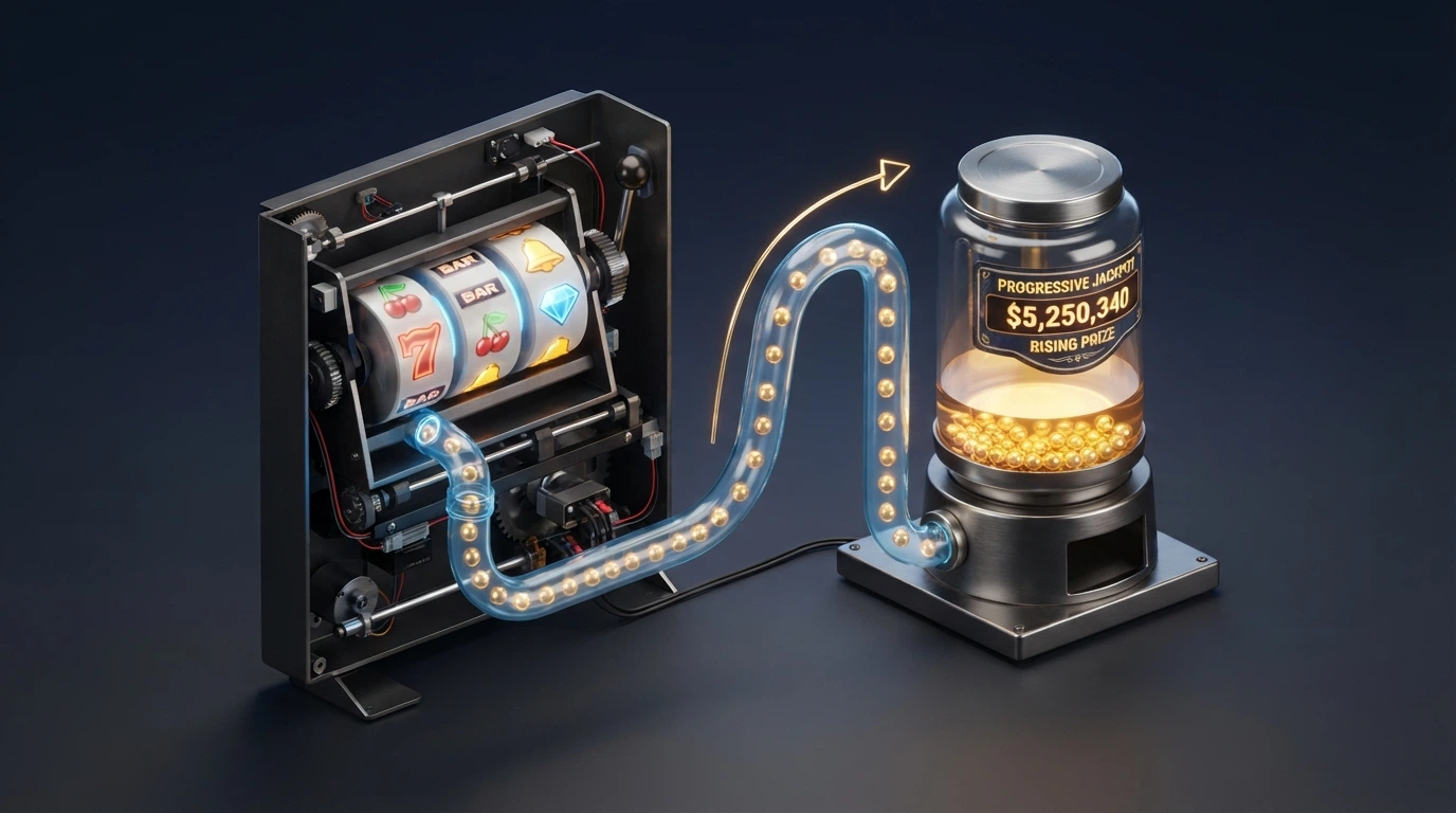 Schéma montrant comment chaque mise alimente la cagnotte progressive, avec une flèche reliant les rouleaux au compteur du jackpot