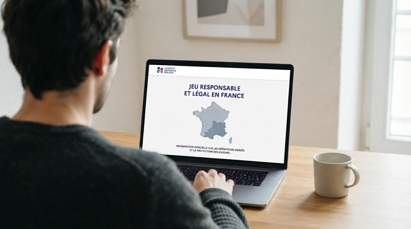 Le logo de l'Autorité nationale des jeux sur un écran, superposé à une carte de France
