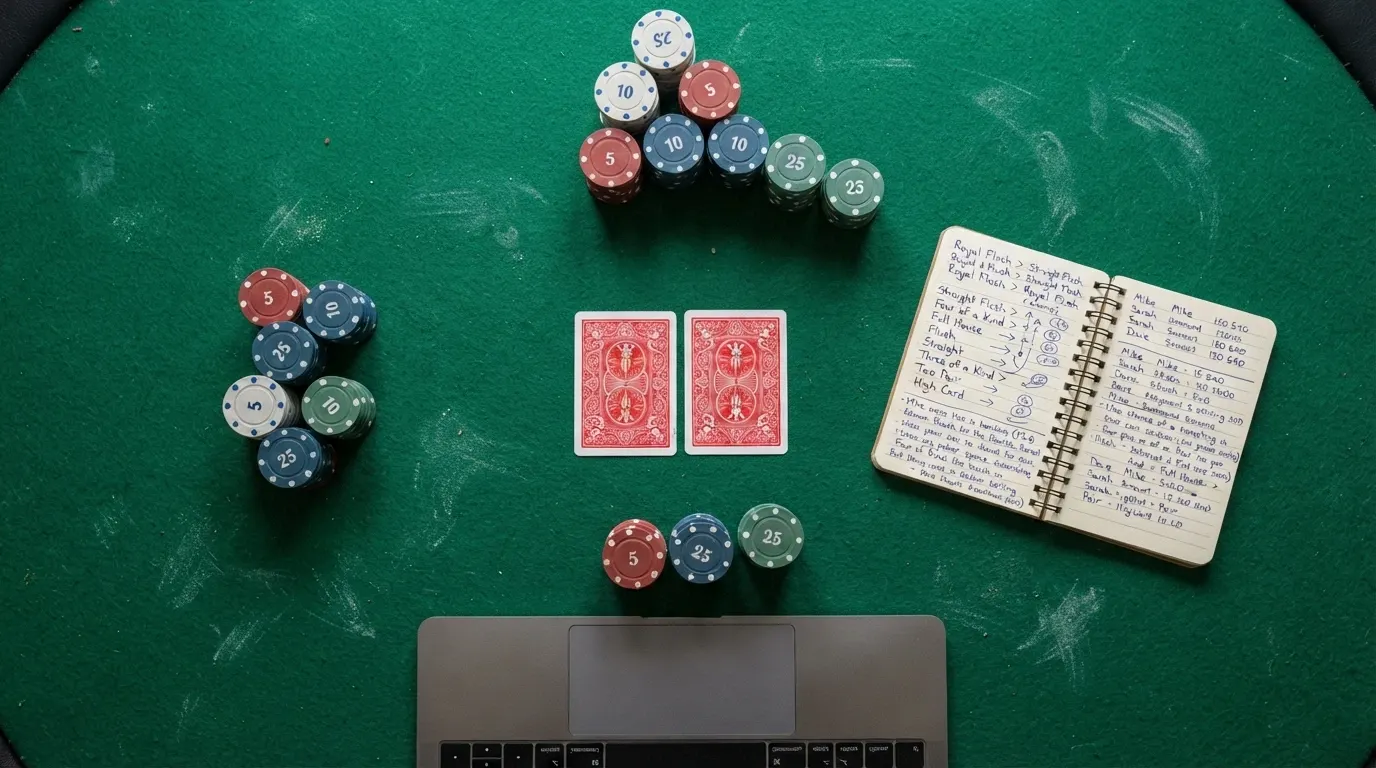 Une table de poker vue du dessus avec des jetons, des cartes retournées et une feuille de notes manuscrites de stratégie à côté du clavier