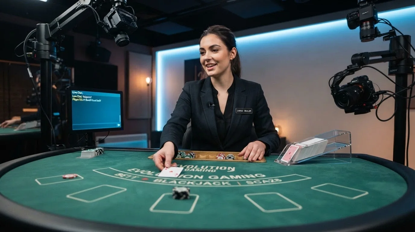 Un croupier filmé en streaming HD dans un studio de casino en direct, carte visible sur la table, écran de contrôle en arrière-plan
