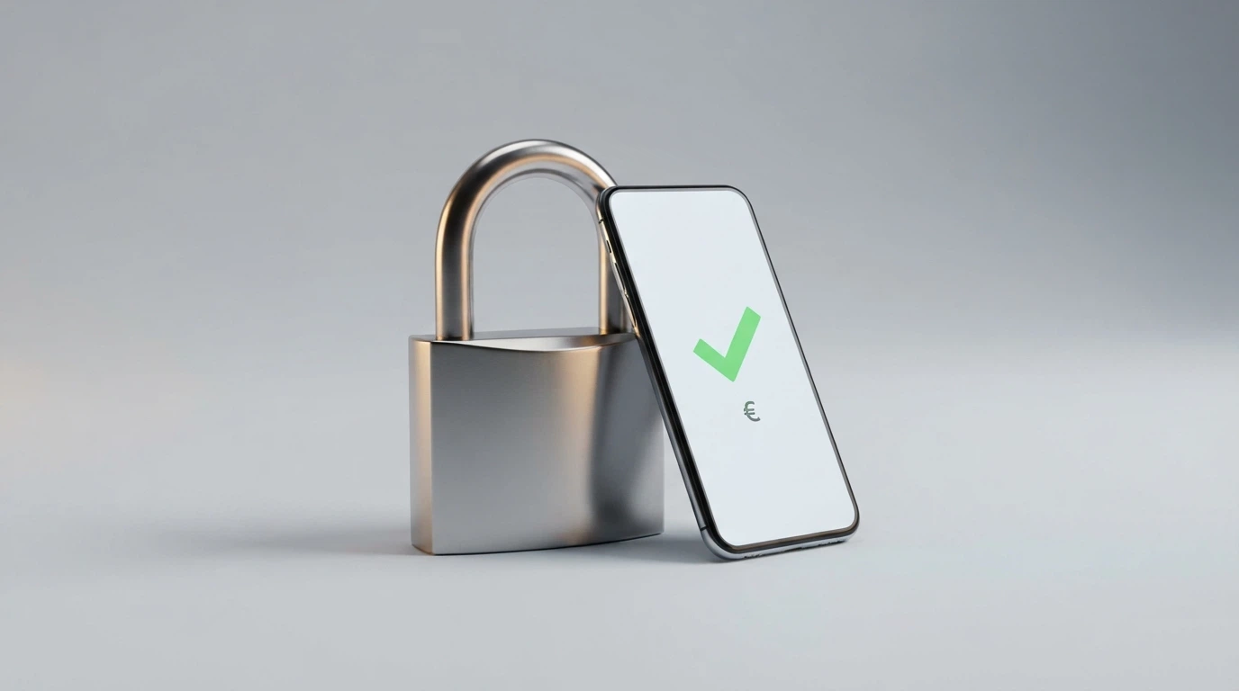 Icône de cadenas bancaire et téléphone affichant l'interface de vérification d'agrément ANJ