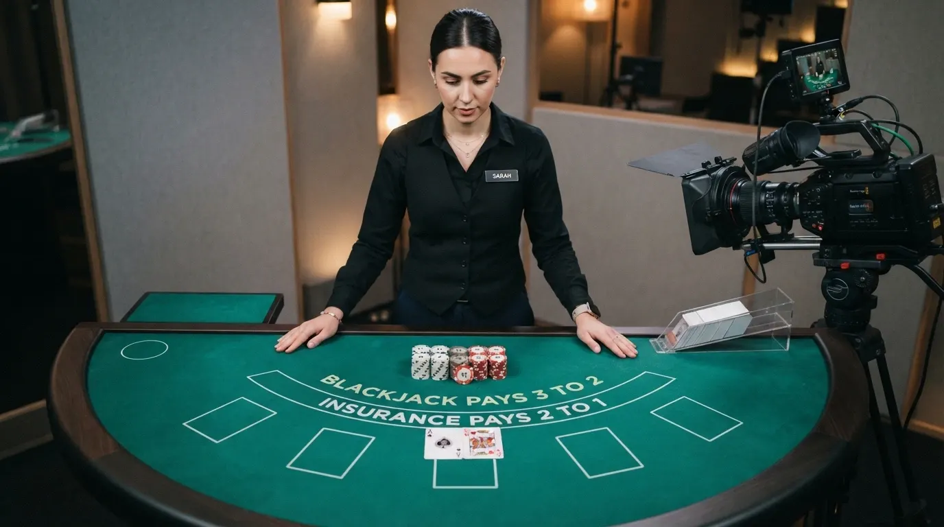 Table de blackjack en direct avec croupier, diffusée en streaming depuis un studio de casino