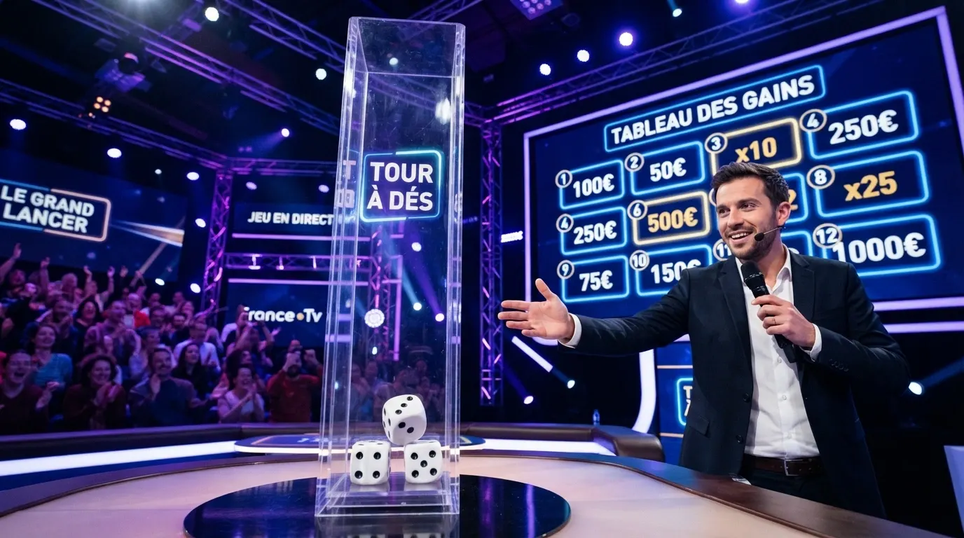 Un croupier en direct derrière une tour de dés transparente, des multiplicateurs Lightning affichés sur des numéros à l'écran