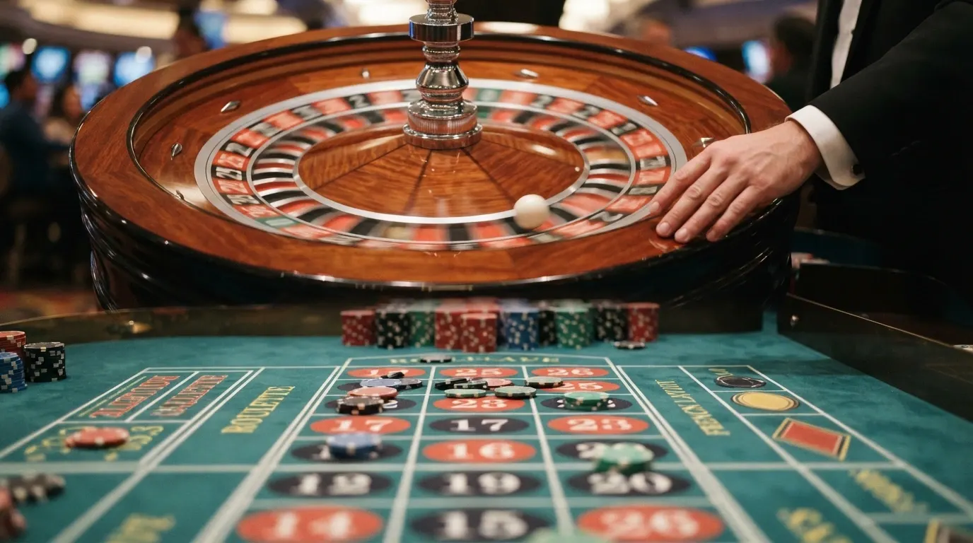Plateau de roulette en direct avec croupier, piste de mises et interface multijoueur