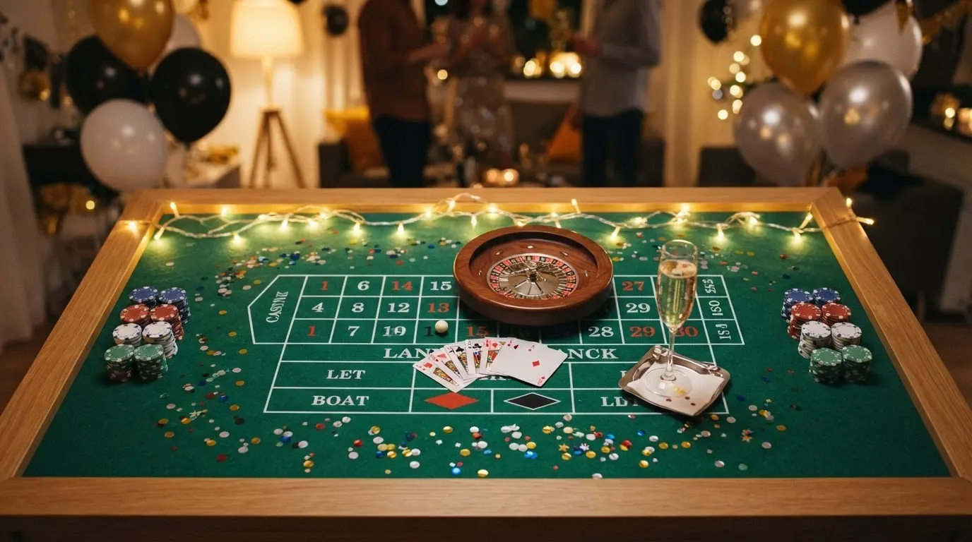 Une table de jeu décorée pour une fête d'anniversaire avec jetons colorés, cartes disposées en éventail et guirlandes lumineuses