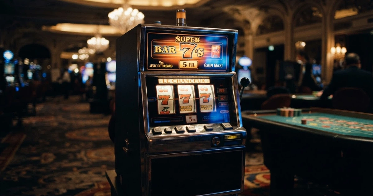 Une machine à sous dans un casino, rouleaux colorés affichant des symboles, écran lumineux