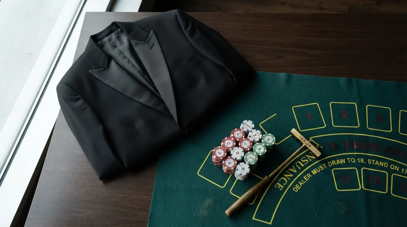 Une veste de croupier sans poches extérieures, posée à côté d'un tapis de jeu et de jetons de casino
