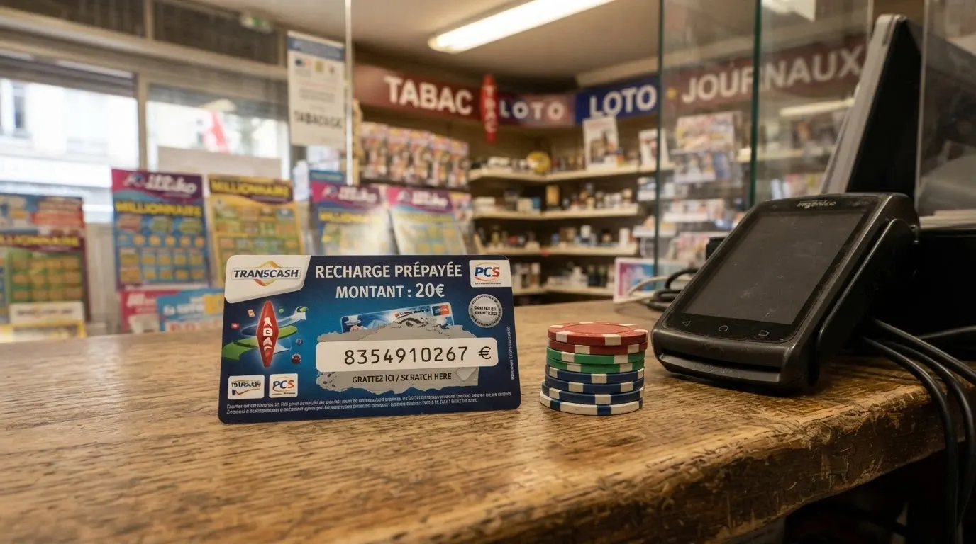 Un ticket Neosurf à code PIN de 10 chiffres posé sur un comptoir de bureau de tabac, à côté de monnaie et d'un terminal de paiement
