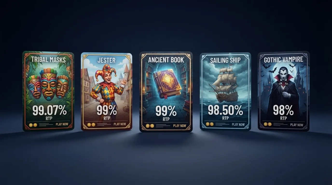 Cinq cartes de machines à sous alignées côte à côte avec leur pourcentage de RTP bien visible, du plus élevé (99,07 %) au plus bas (98,00 %)