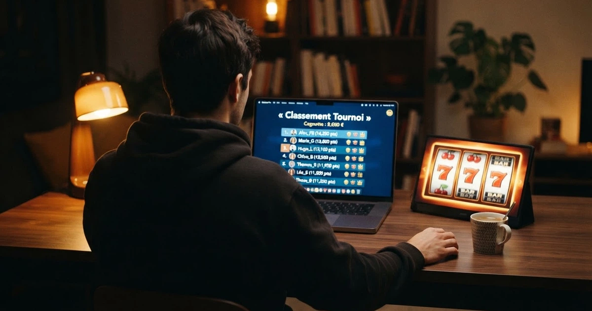 Un joueur devant son écran consultnant une plateforme de tournois de casino en ligne, un classement de tournoi affiché avec des noms de joueurs et leurs scores