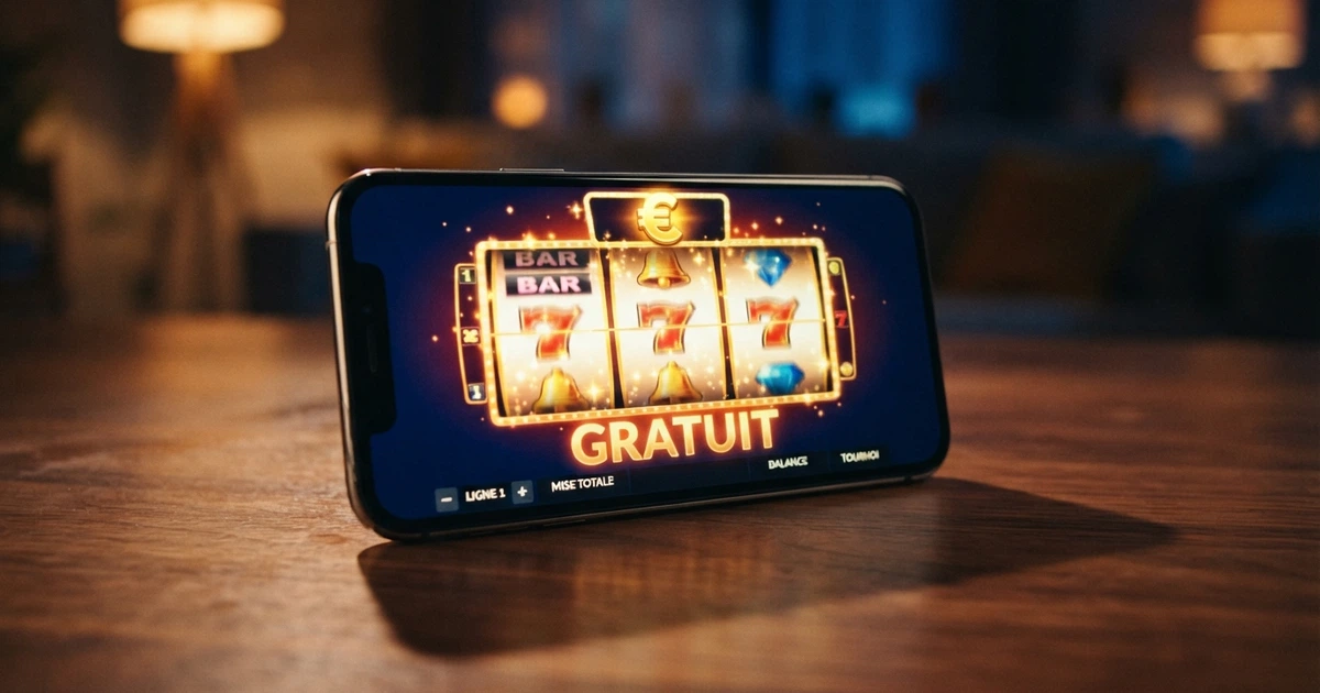 Un écran de téléphone affichant une machine à sous en ligne avec une bannière « tours gratuits offerts »
