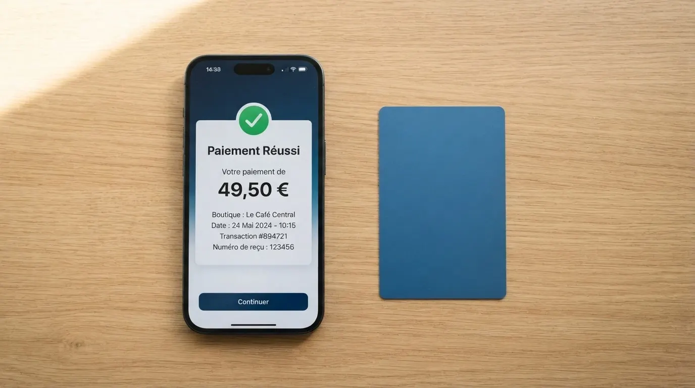 Un téléphone affichant une transaction MiFinity confirmée, posé à côté d'une carte bancaire