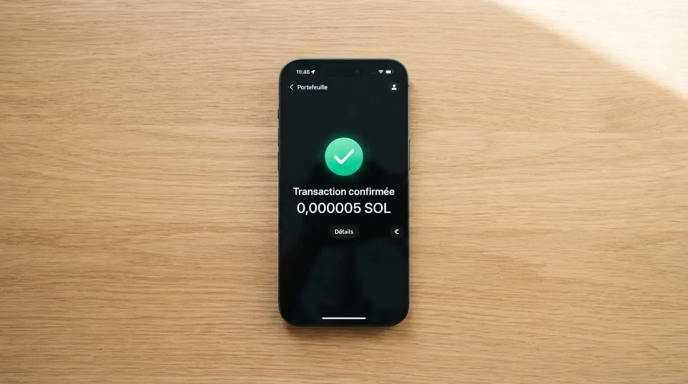 Écran d'un portefeuille Phantom affichant une transaction Solana confirmée avec des frais inférieurs à un centime