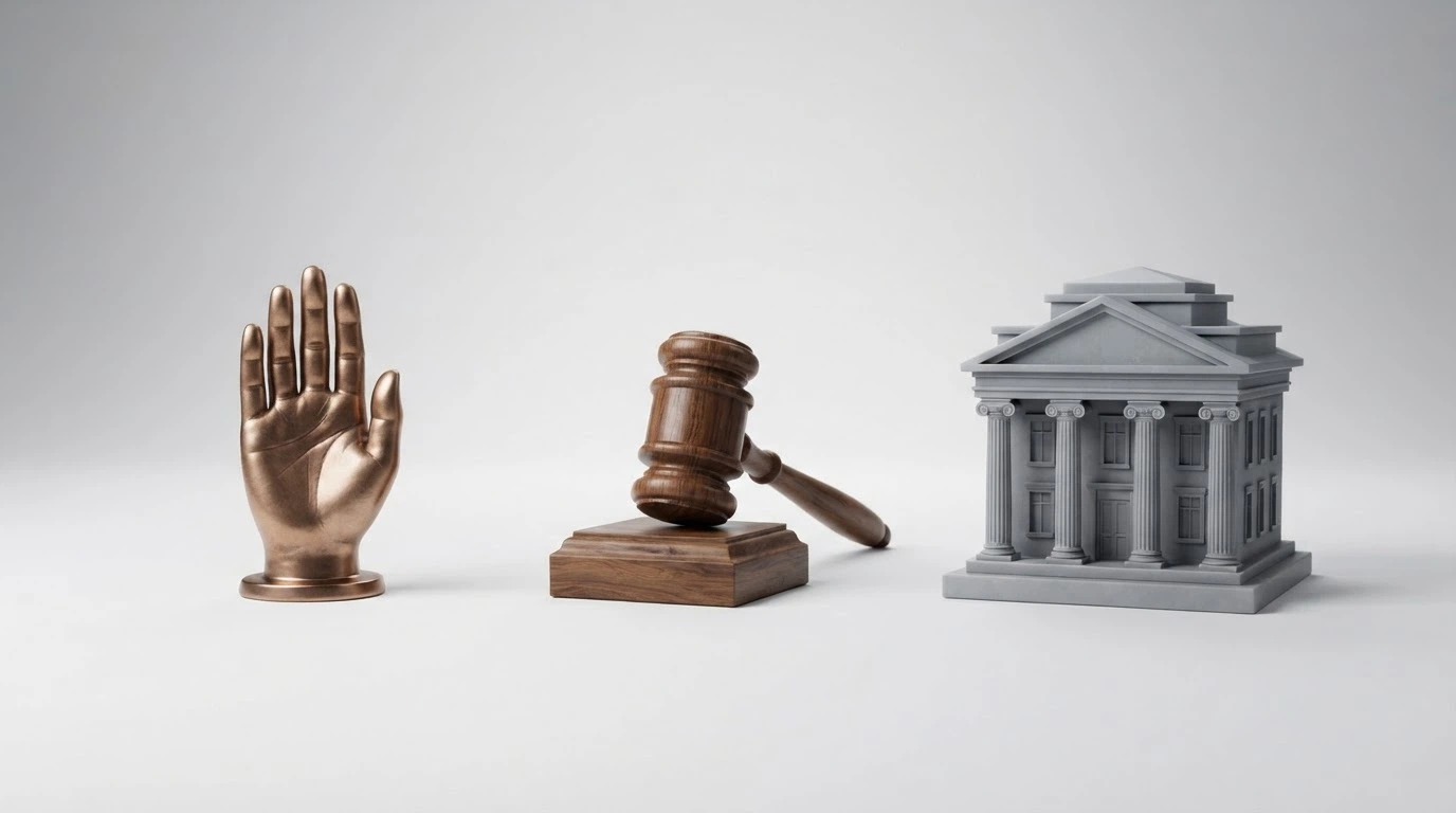 Trois colonnes côte à côte, chacune surmontée d'un pictogramme différent — une main levée (IVJ), un marteau de juge (IJ), un bâtiment officiel (IA) — avec des flèches distinctes illustrant la portée de chaque régime