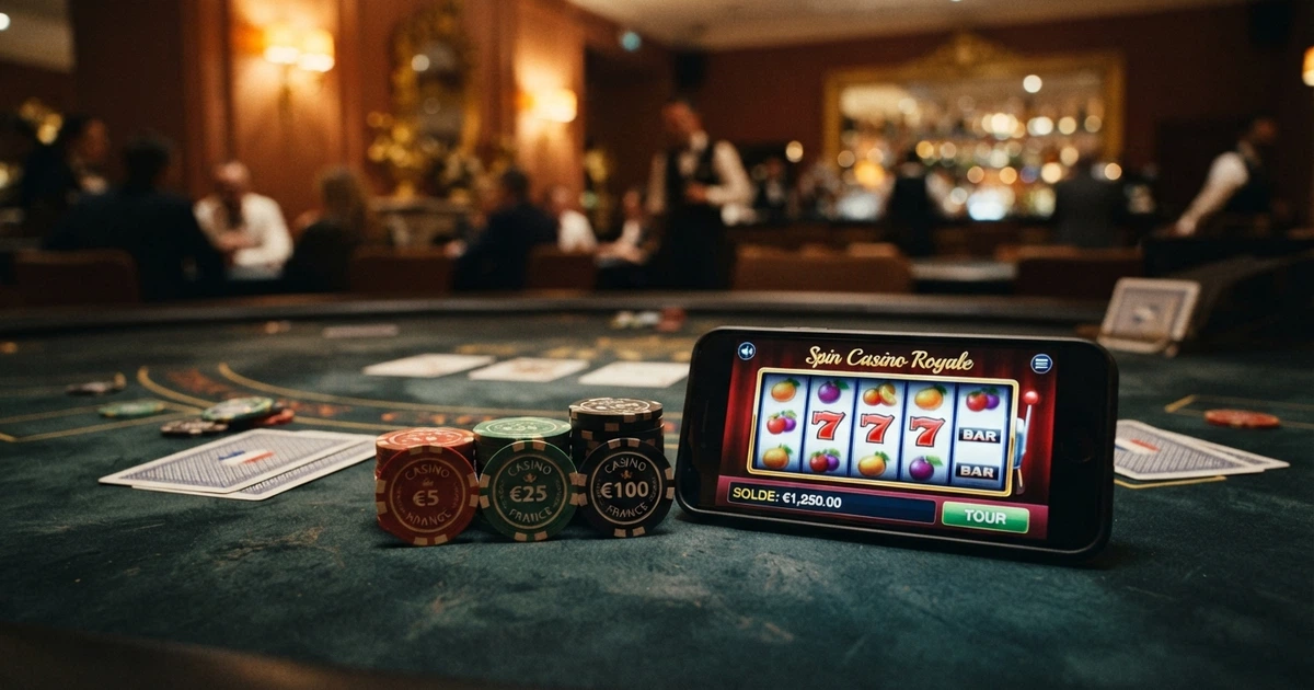 Pièces USDC et jetons de casino disposés sur une table de jeu virtuelle avec des icônes de machines à sous et l'interface d'un casino en ligne en arrière-plan