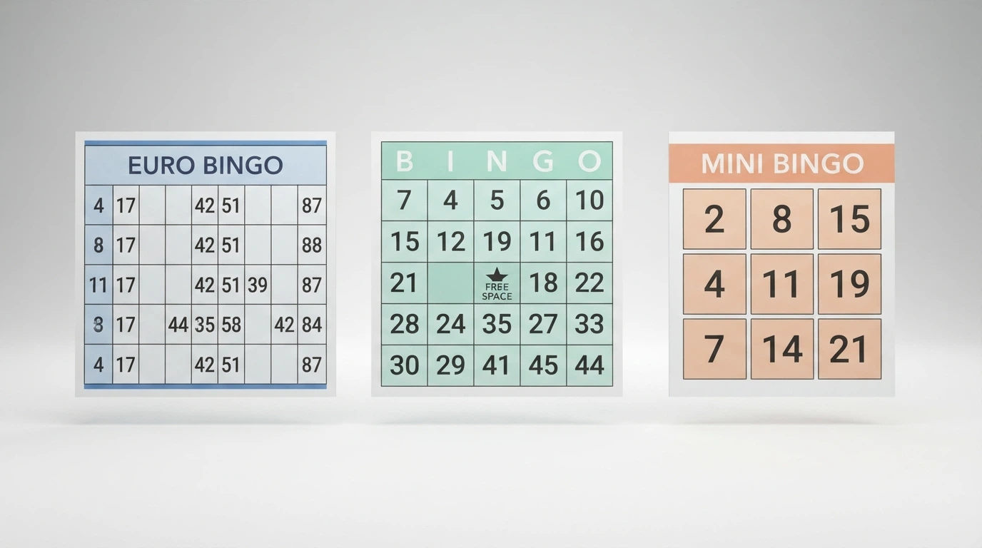 Trois grilles de bingo côte à côte : une grille 3×9 (90 boules), une grille 5×5 (75 boules) et une grille 3×3 (30 boules)