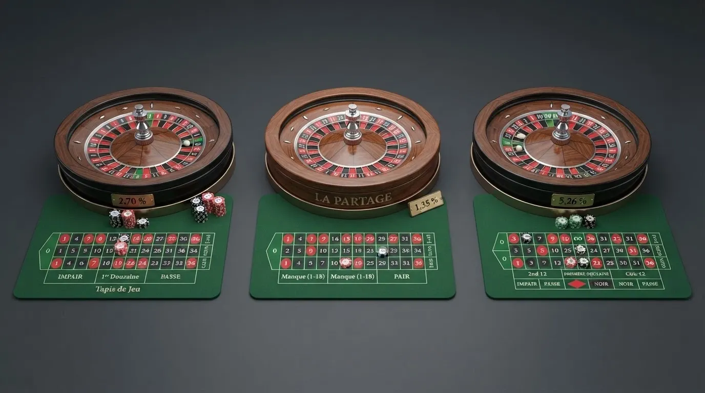 Trois cylindres de roulette côte à côte — européenne (un zéro), française (un zéro avec marquage La Partage) et américaine (zéro et double zéro) — avec leurs tapis respectifs visibles