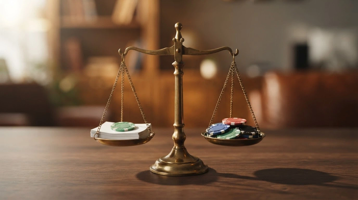 Une balance symbolisant le pour et le contre, avec d'un côté un bonus sans dépôt et de l'autre les conditions de mise