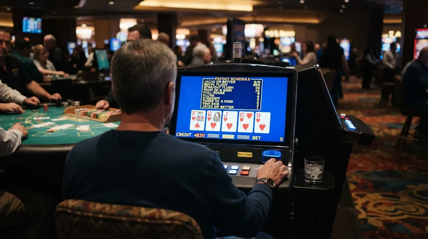 L'écran d'une machine de vidéo poker affichant une main gagnante, table de paiement 9/6 visible