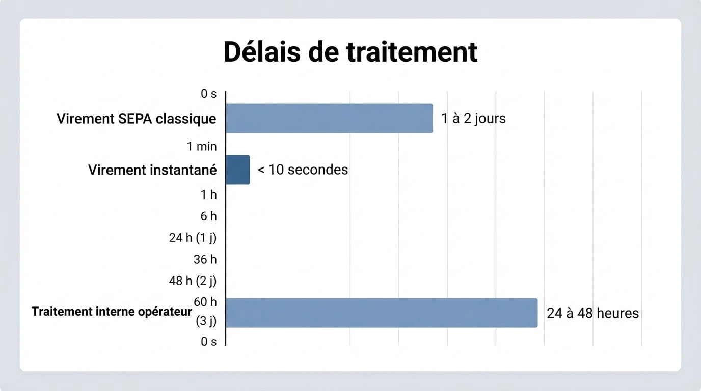 Schéma comparatif des durées de traitement : virement SEPA classique, virement instantané et traitement interne du casino
