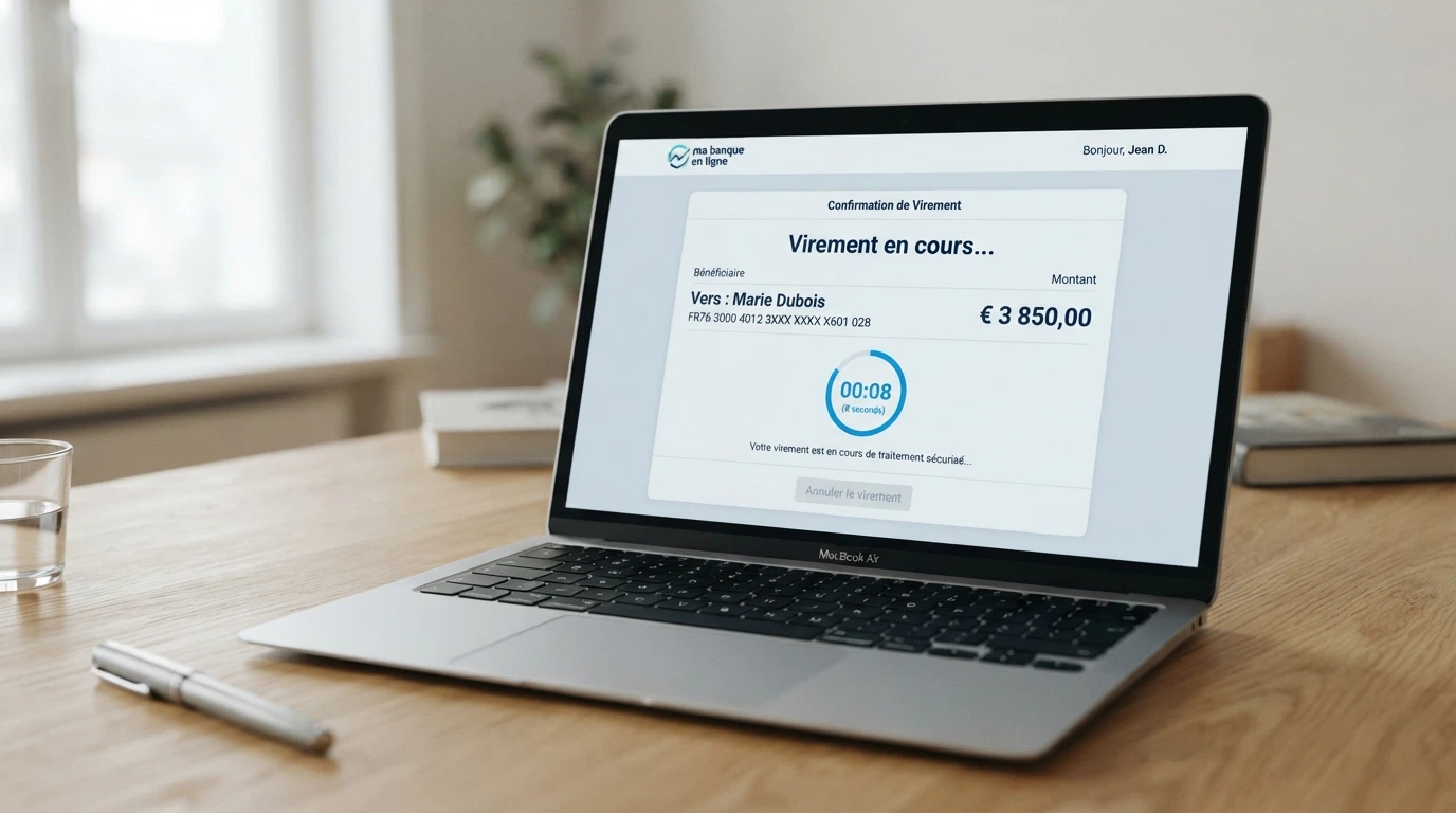 Une interface bancaire affichant un virement SEPA instantané en cours d'exécution avec un champ IBAN et un compteur de secondes