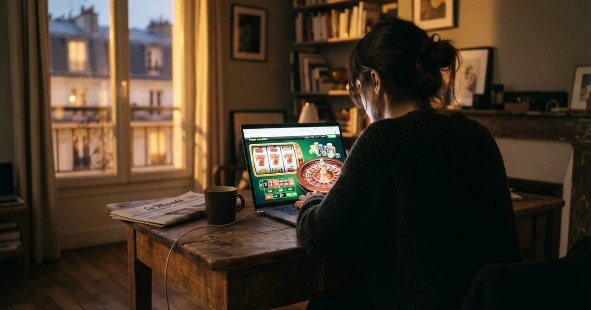Un joueur français consultant un casino en ligne sur son écran, un cadenas VPN visible dans la barre d'outils